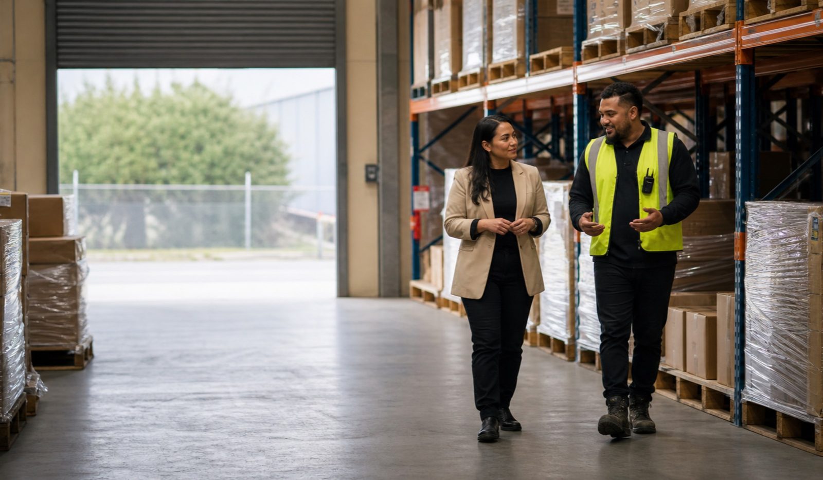 Warehouse manager and worker on a New Zealand logistics site