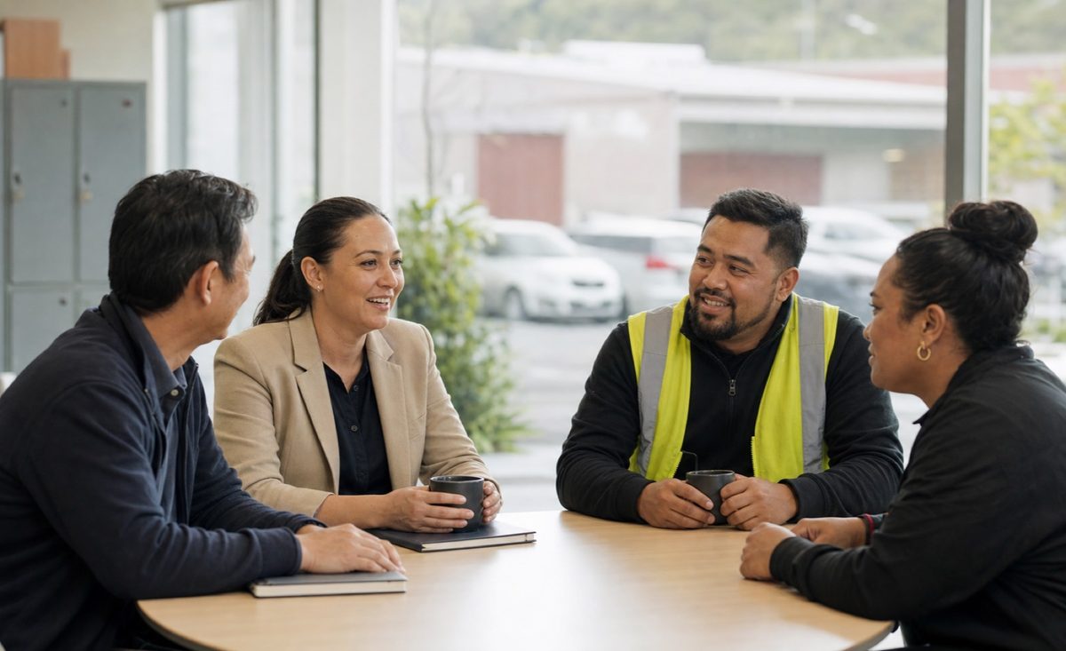Mixed team of New Zealand colleagues in a relaxed conversation in a workplace breakroom