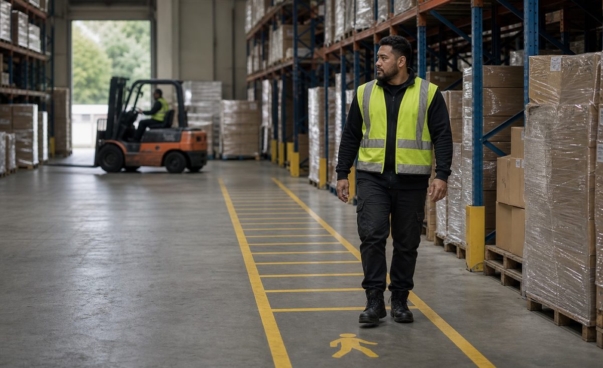 Warehouse worker beside marked pedestrian walkways with a forklift operating in the background