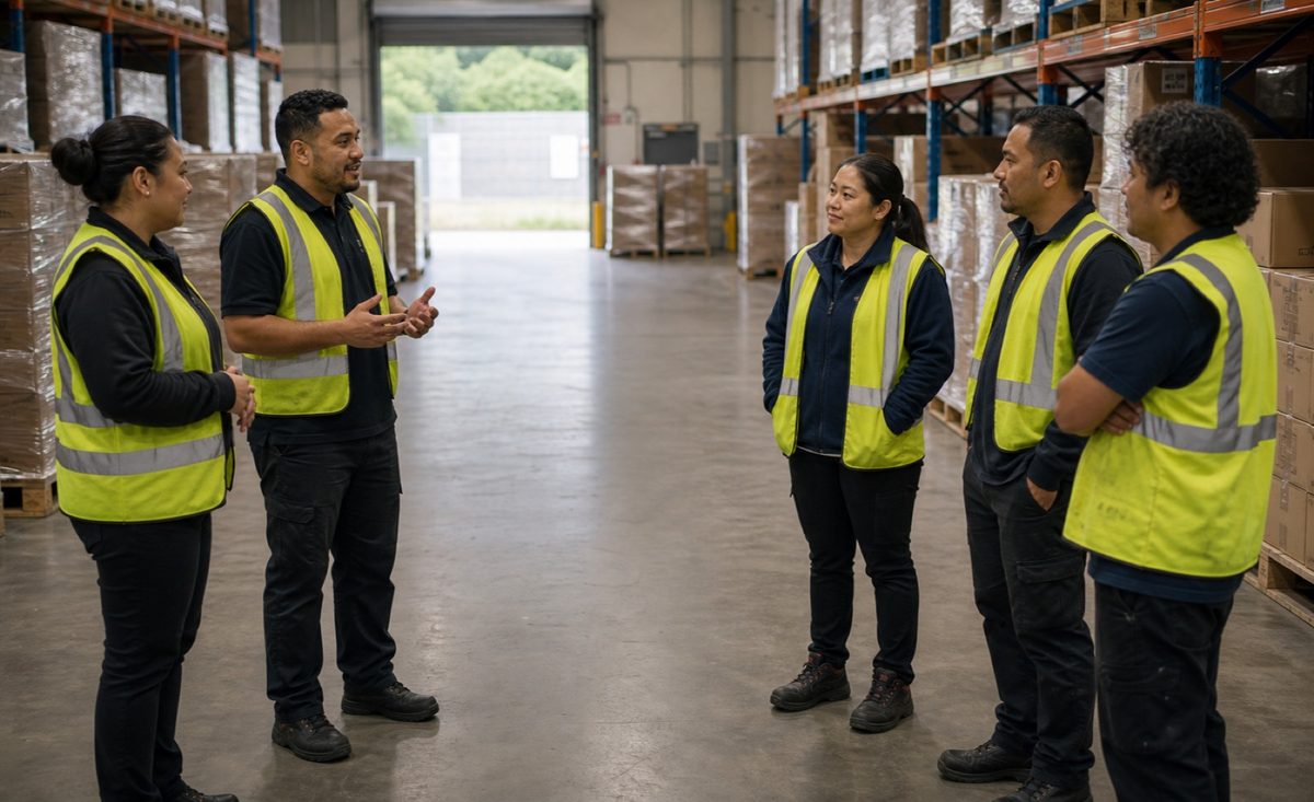 Warehouse team in high-visibility vests during a safety briefing on a New Zealand logistics site