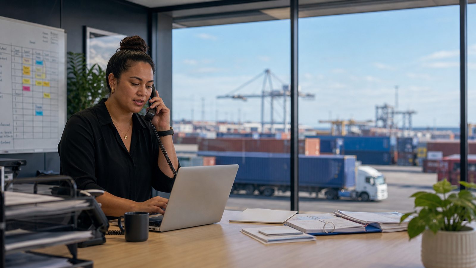A logistics professional at her laptop with a New Zealand port behind her