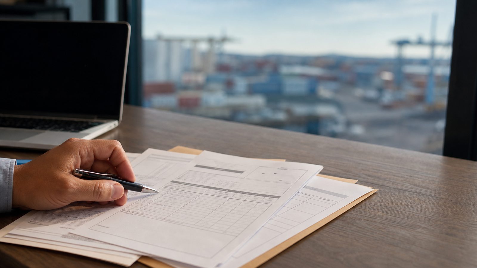 A person completing paperwork at a desk with a laptop and a New Zealand port through the window