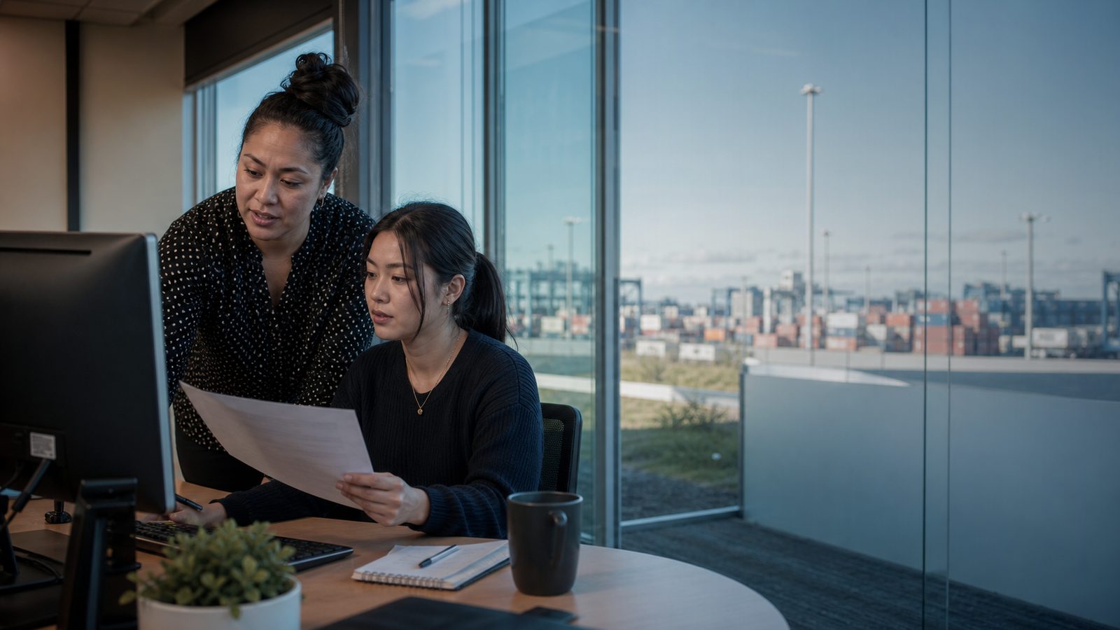 Two New Zealand colleagues reviewing a printed document together at a desk