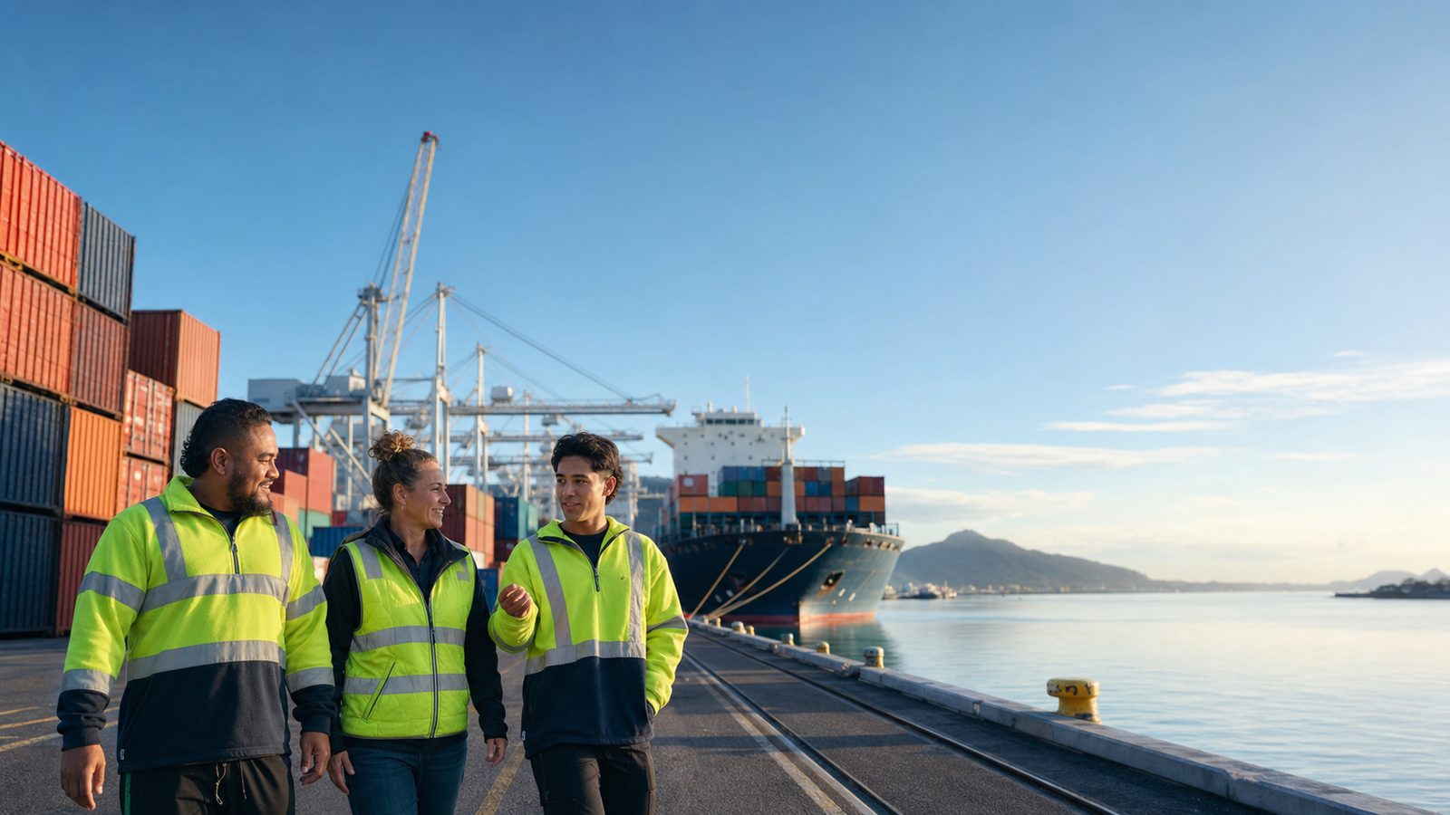Three New Zealand workers in hi-vis walking together at a port
