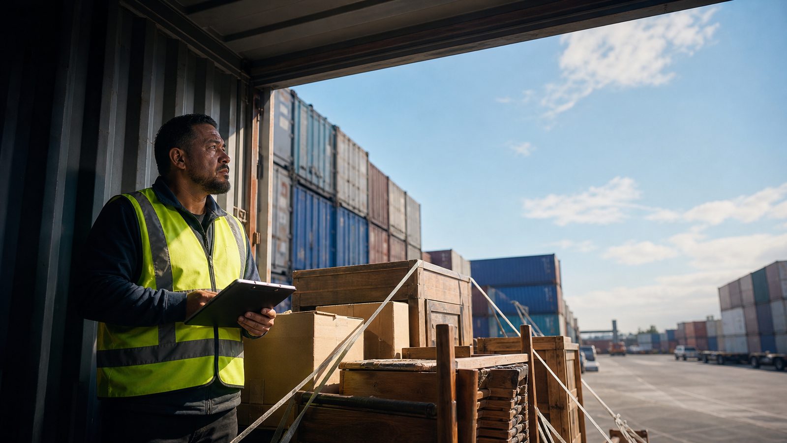 New Zealand freight worker in a hi-vis vest checking stock against a clipboard at a container yard