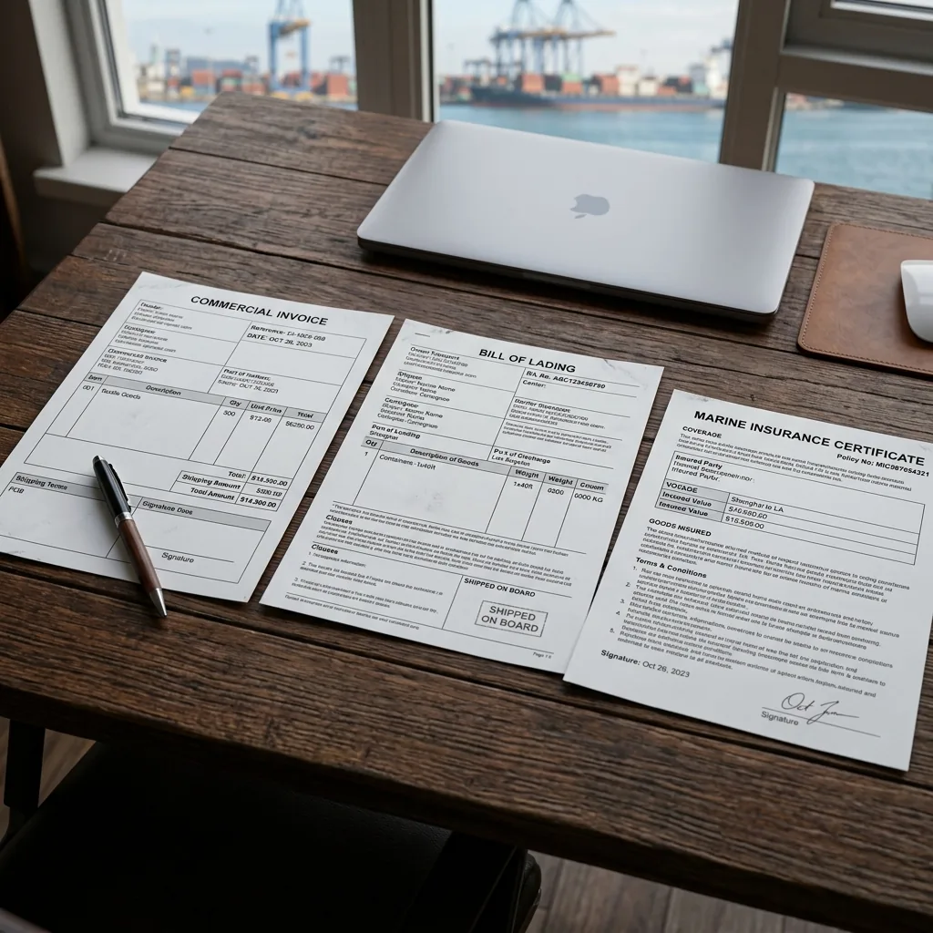 A commercial invoice, bill of lading and marine insurance certificate laid out on a desk, with a New Zealand container port visible through the window