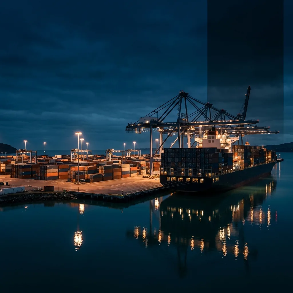 A New Zealand container terminal at dusk with a container ship berthed under cranes